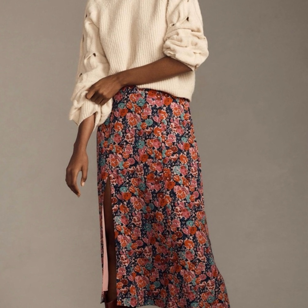 Anthropologie Floral Midi Skirt in Pink and Orange